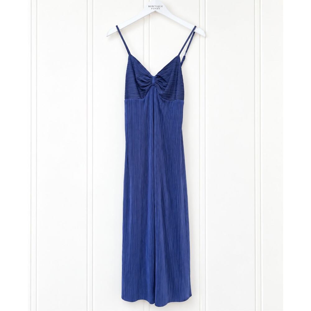 19 Cooper Pleated Midi Dress Womens M Navy NWT Ruched Bust Spaghetti Strap